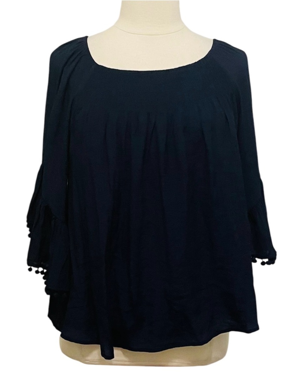 Cato Navy Smock Neck Pom-Trim Peasant Blouse 18/20 WP